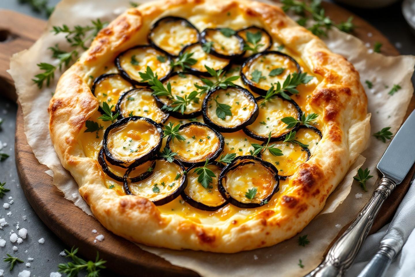 Croustillante, légère et pleine de saveurs : la tarte fine à l’aubergine et thym qui régale petits et grands sans alourdir les soirées des jeunes parents