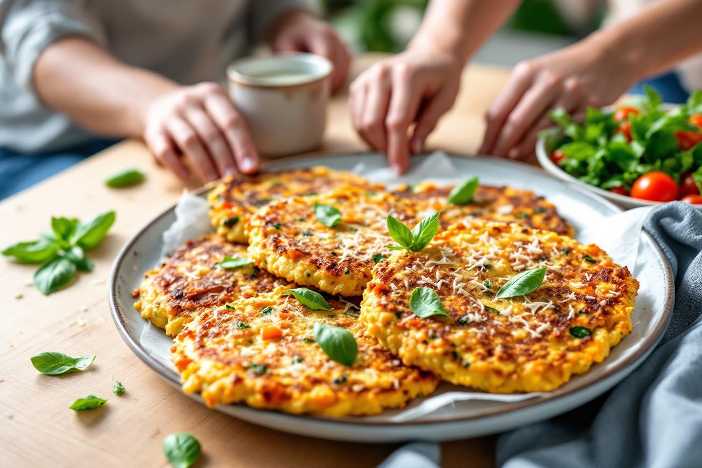 Envie d&rsquo;un déjeuner facile et appétissant ? Ces galettes polenta-légumes-parmesan hyper croustillantes enchantent les déjeuners des jeunes parents !