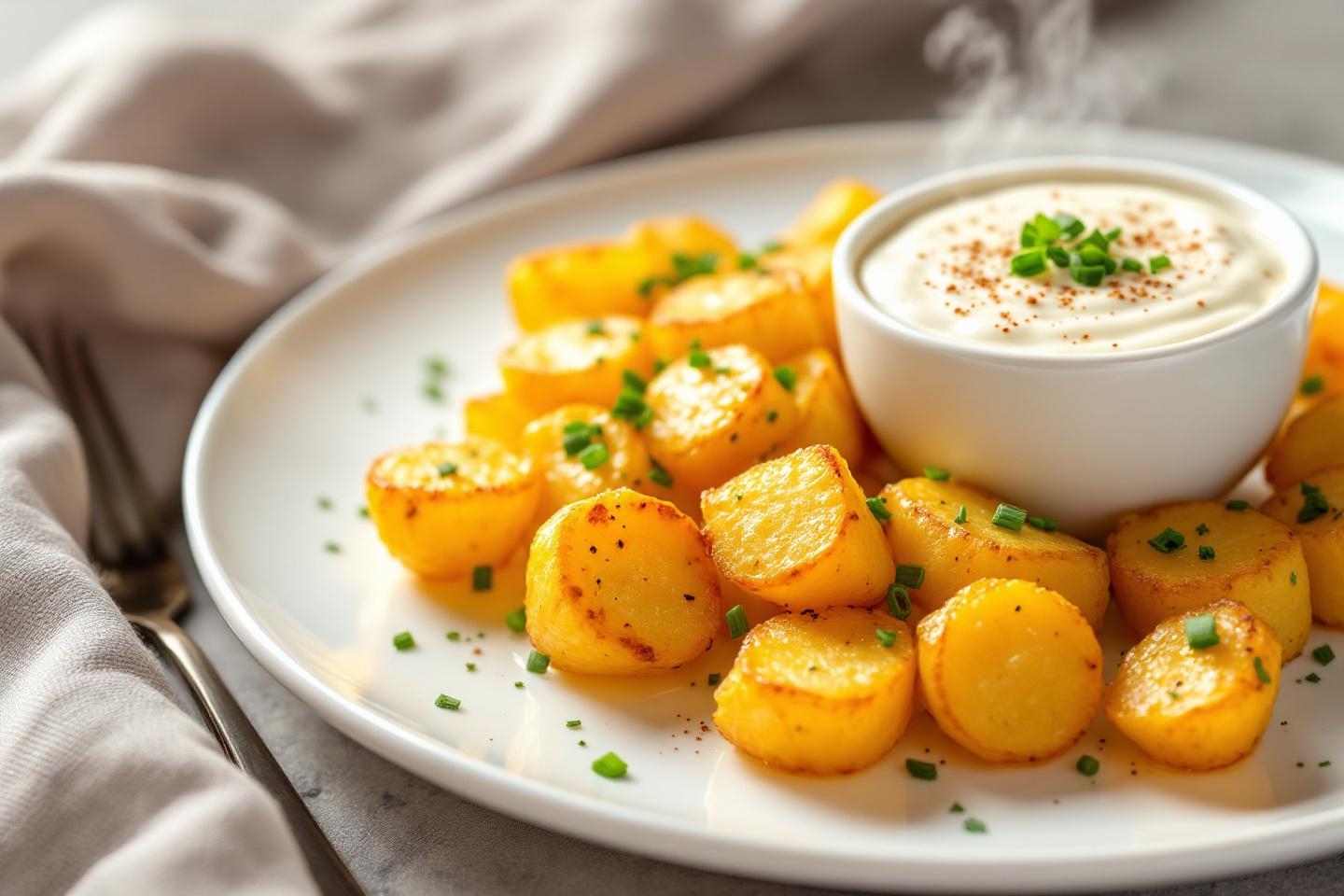 Moelleuses et parfumées, ces pommes de terre rôties avec leur sauce fraîche sont le plat réconfort parfait des soirs fatigants !
