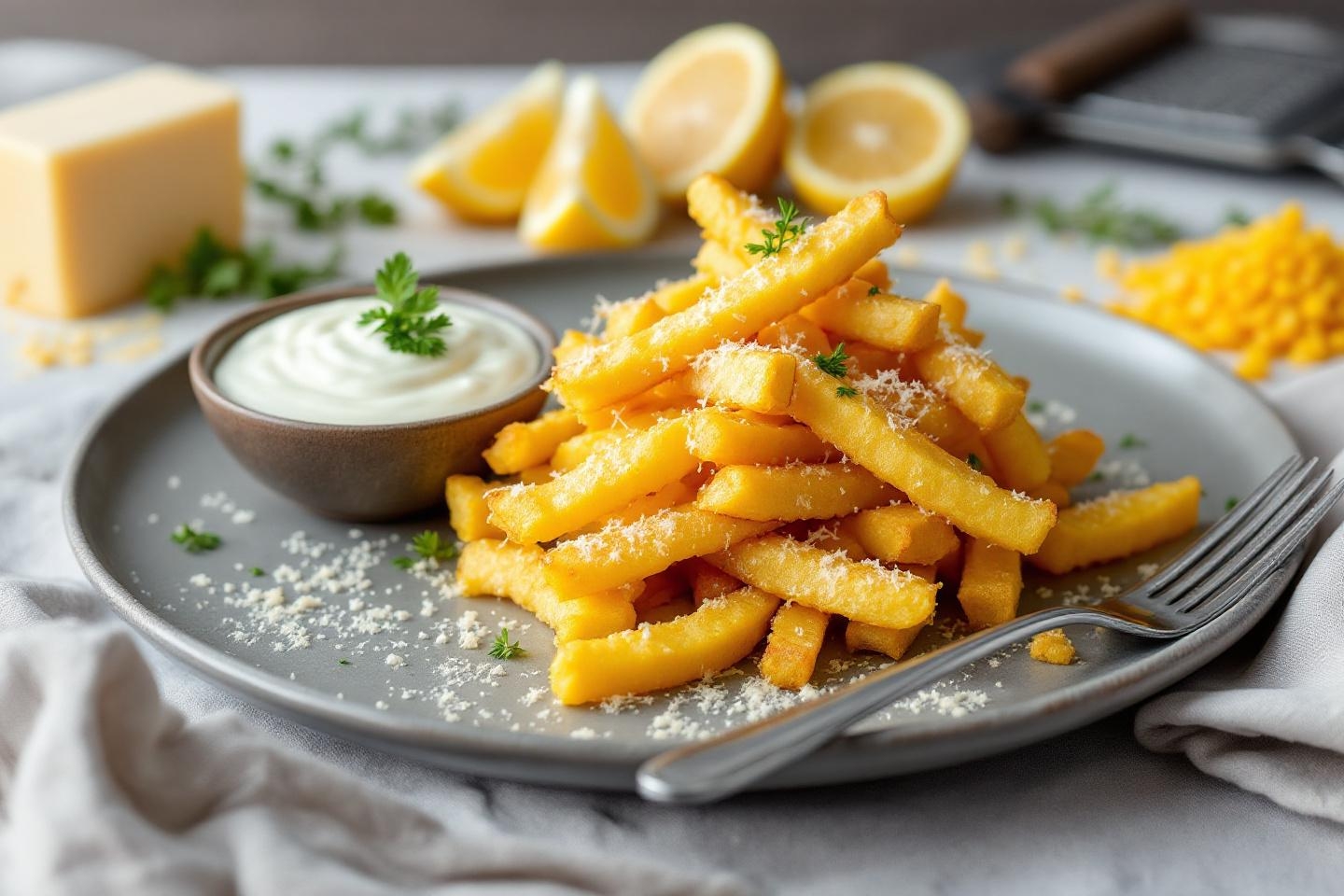 La recette futée des jeunes parents pressés : les frites de polenta dorées au parmesan avec leur sauce au yaourt citronnée !