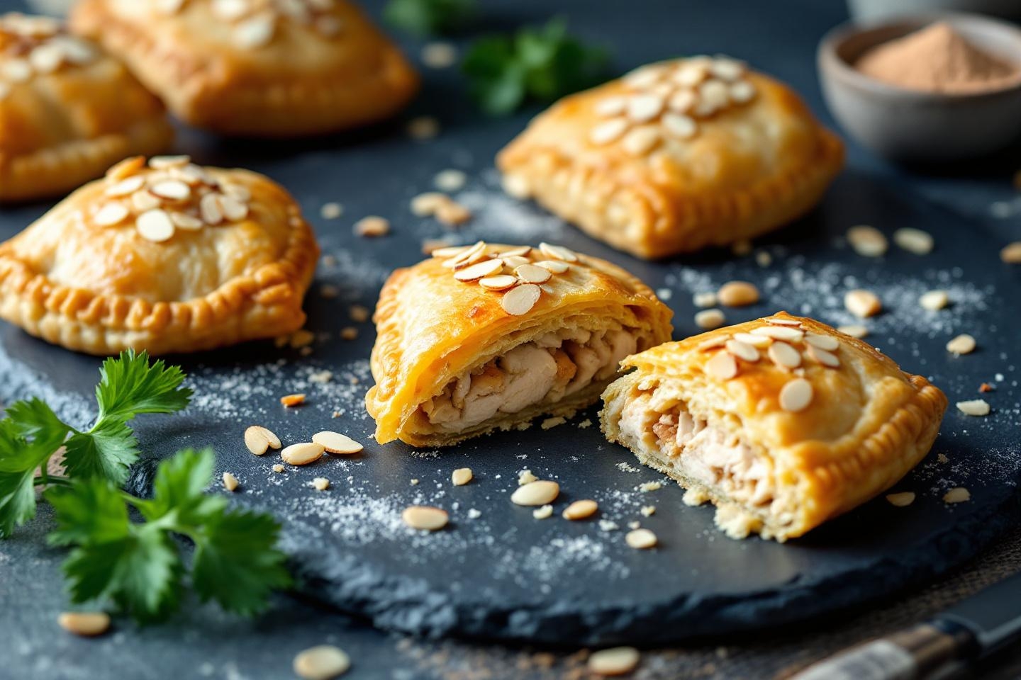 La pastilla traditionnelle saveur poulet-amandes revisitée en format individuel pour un plaisir croustillant et express