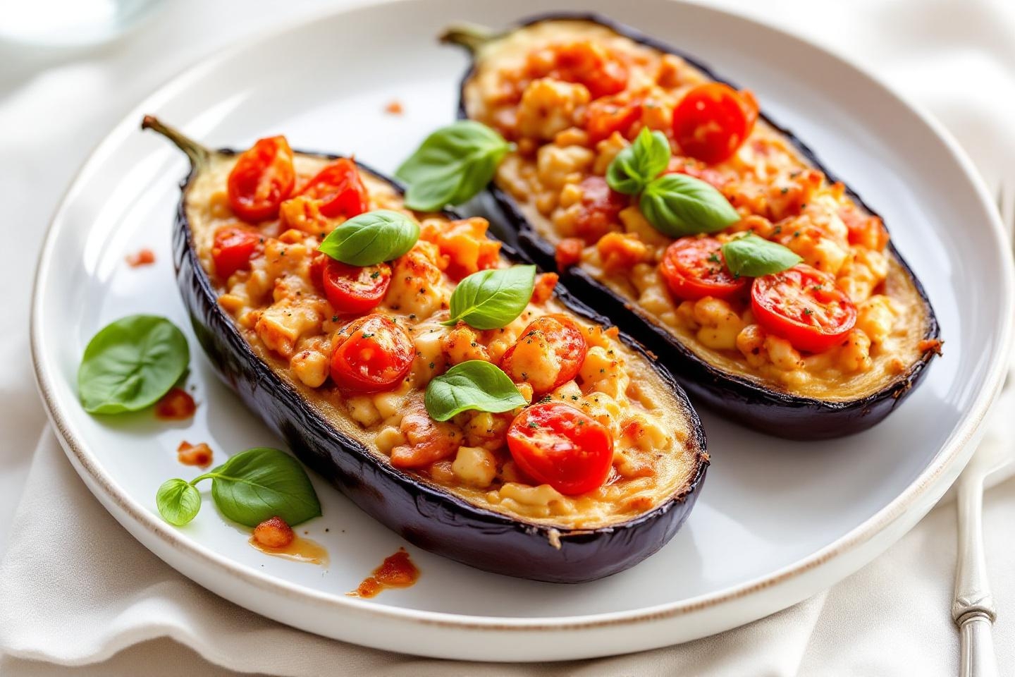 Plat réconfortant pour dîner estival pressé : craquez pour ces aubergines farcies fondantes à la ricotta et tomate !