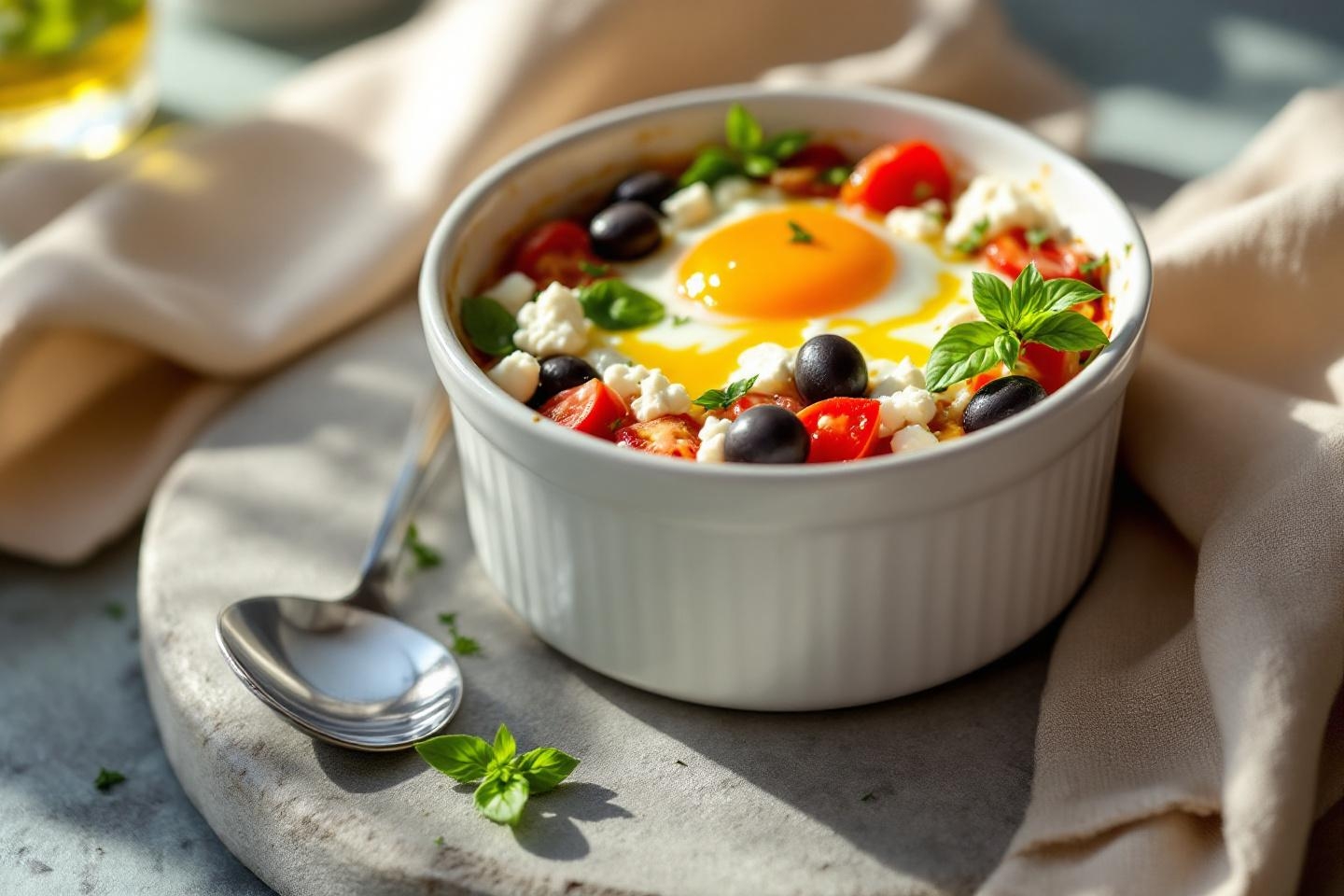 Un plat doudou plein de soleil : les œufs cocotte méditerranéens faciles (avec de la tomate, des olives noires et de la feta à l’honneur !)