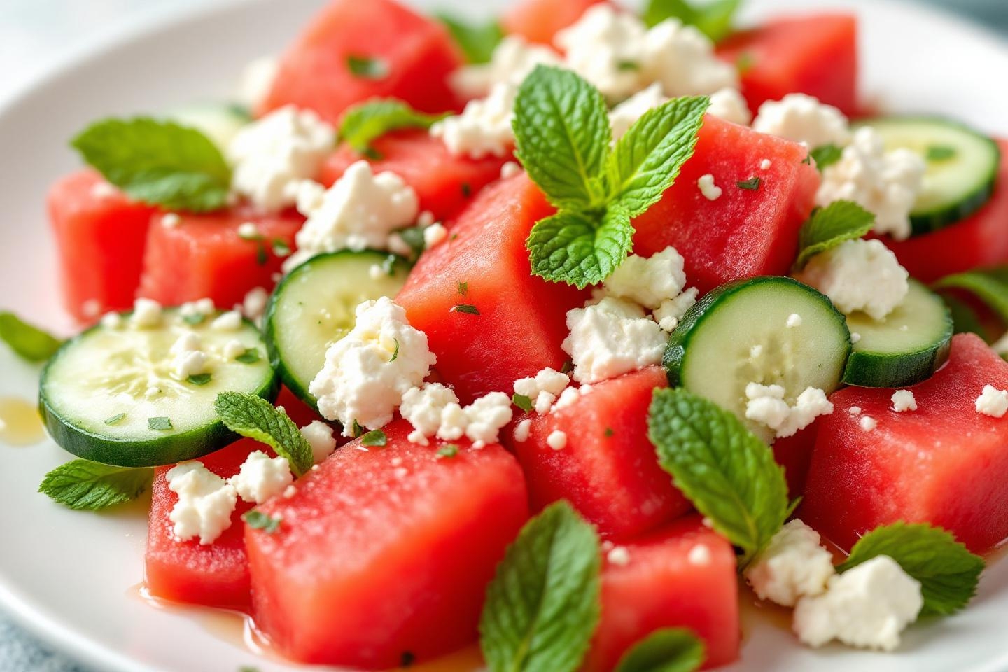 Cette salade ultra fraîche à la pastèque, au concombre, à la feta et à la menthe se prépare en 10 minutes et donne un vrai coup de pep’s à l’été !