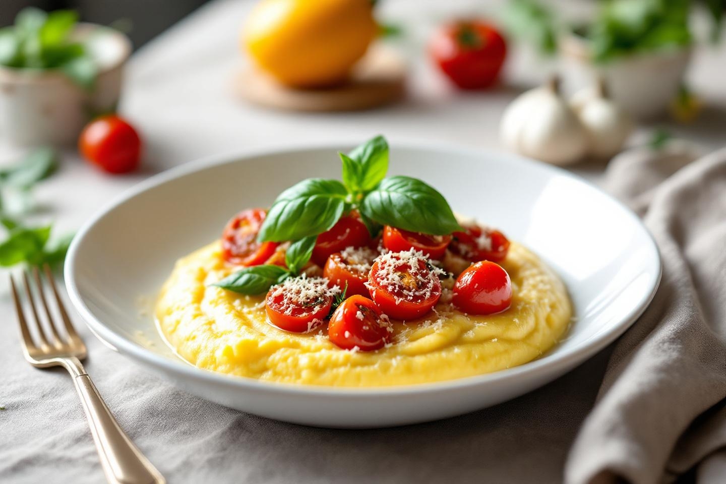 Polenta crémeuse au parmesan, tomates rôties et basilic : le repas tout doux qui fait du bien aux futurs parents !