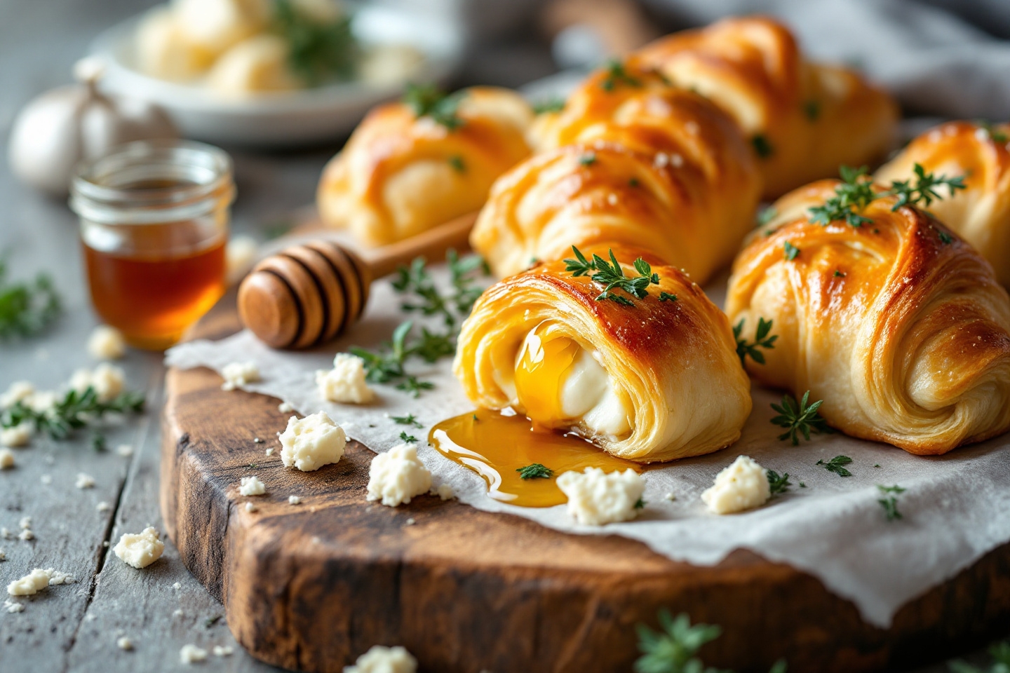 L’apéro express réconfortant des jeunes parents : feuilletés dorés au chèvre, miel et thym à partager