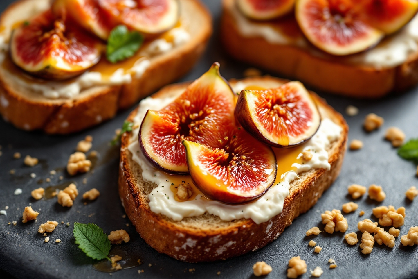 Un apéritif sain et réconfortant : tartines de figues rôties, fromage frais, noix et miel à savourer en famille