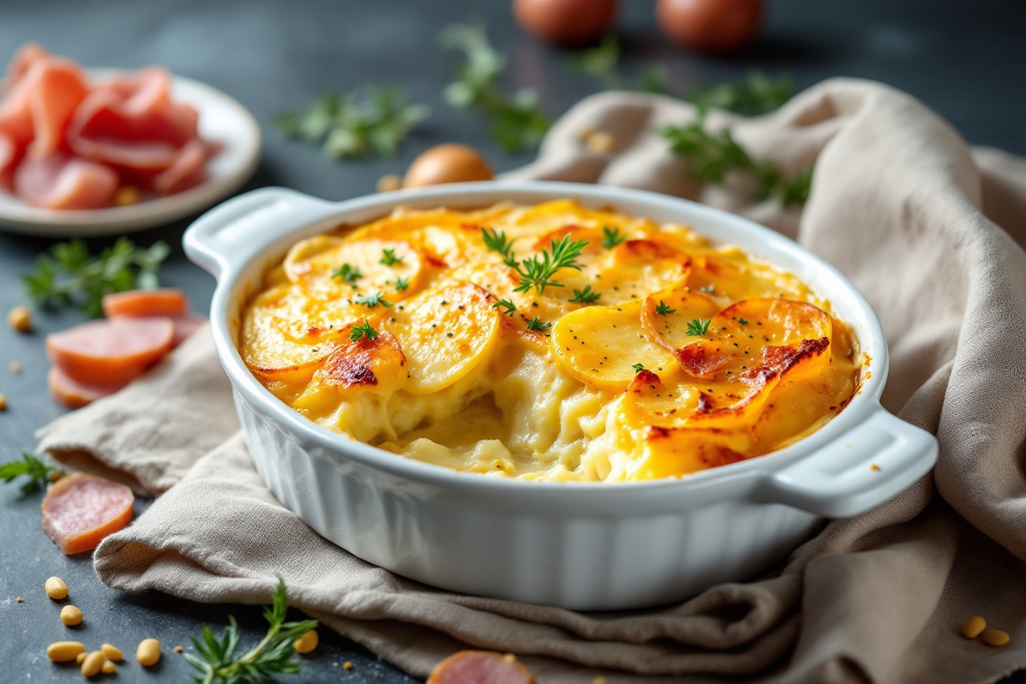 Réconfortant et tout doux : ce gratin crémeux à la moutarde et au jambon est parfait pour les jeunes parents