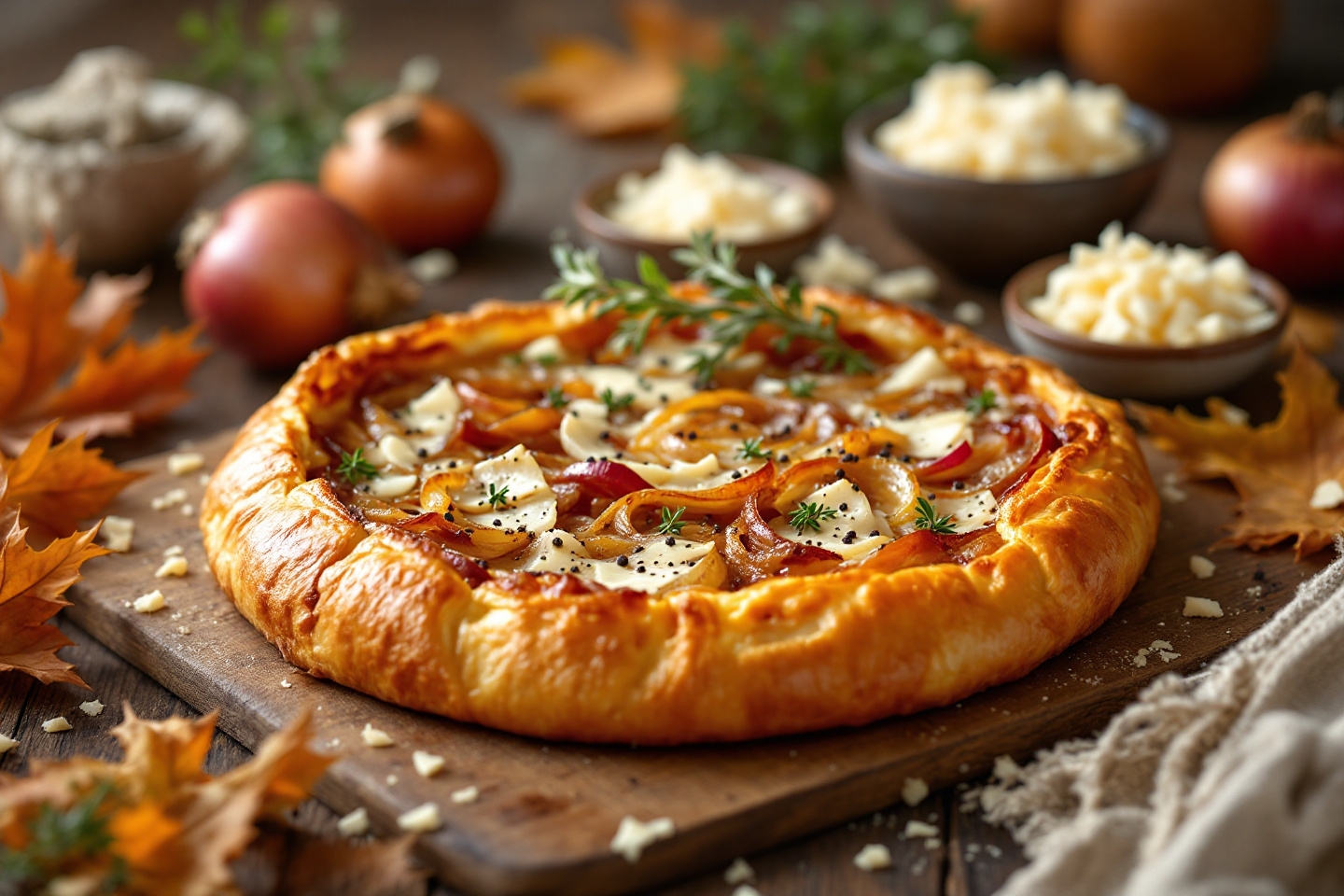 Tout le monde craque pour cette tarte dorée aux oignons fondants et fromage affiné (parfaite pour les soirs d’automne sans stress !)