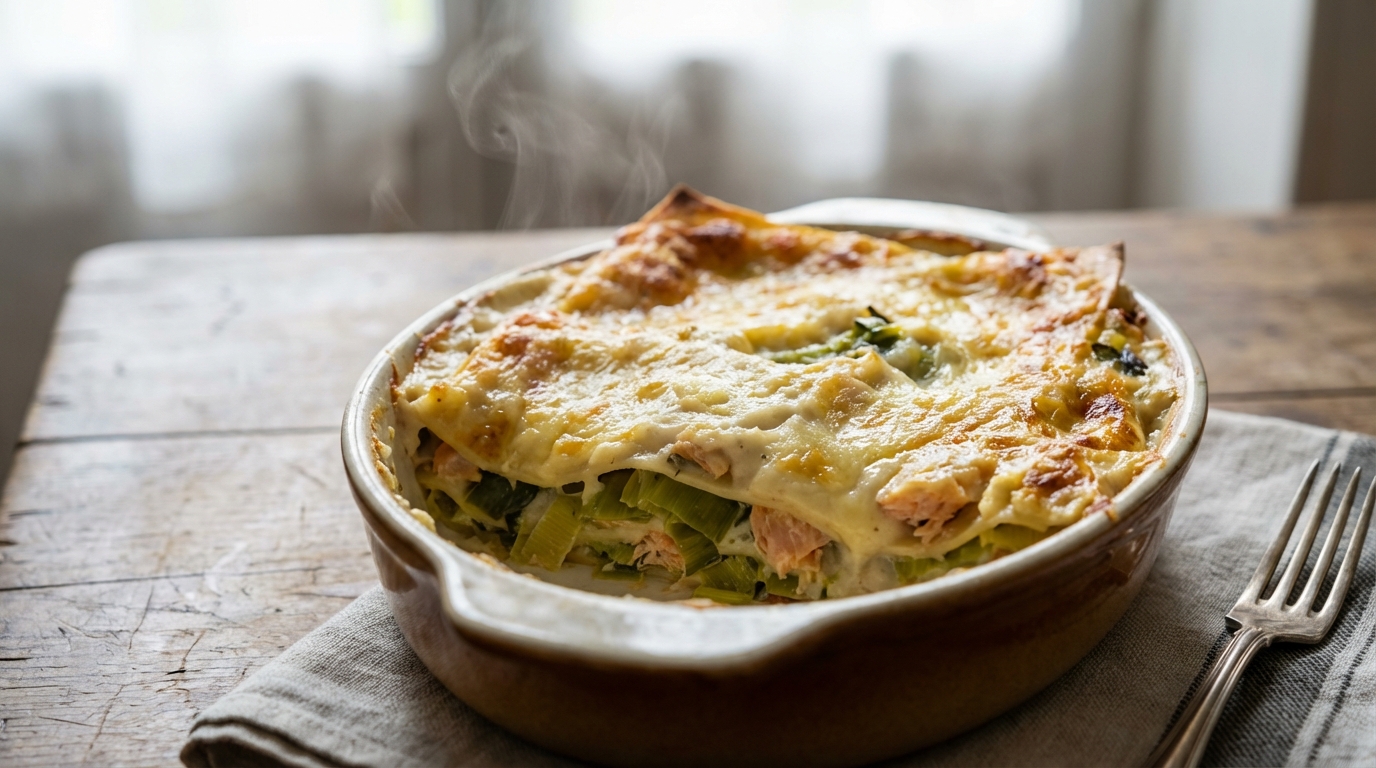 Lasagnes doudou aux poireaux fondus et truite fumée : le plat qui réchauffe l’hiver sans alourdir la digestion des futurs parents