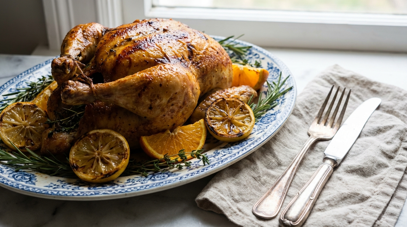 Générosité, soleil et parfum d’herbes : le poulet rôti aux agrumes à la peau dorée qui adoucit tous les repas d’hiver