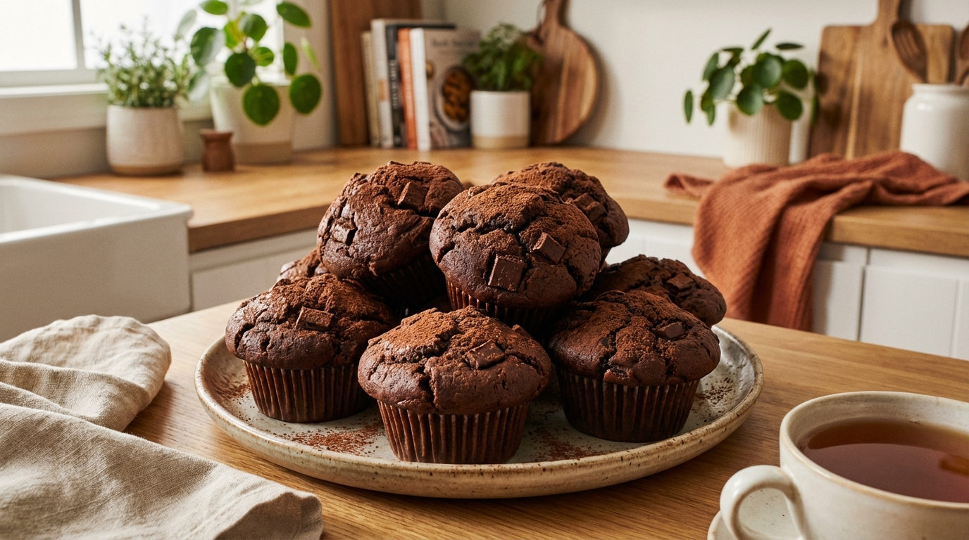 Tout se joue dans la pâte avant le four : ces muffins tout chocolat ont un cœur presque coulant en 18 minutes