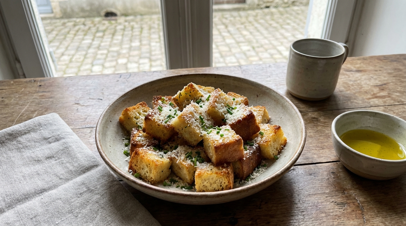J’ai coupé mon vieux pain en petits dés, ajouté du parmesan et des herbes : ce qui est sorti du four a remplacé tous nos apéros du commerce