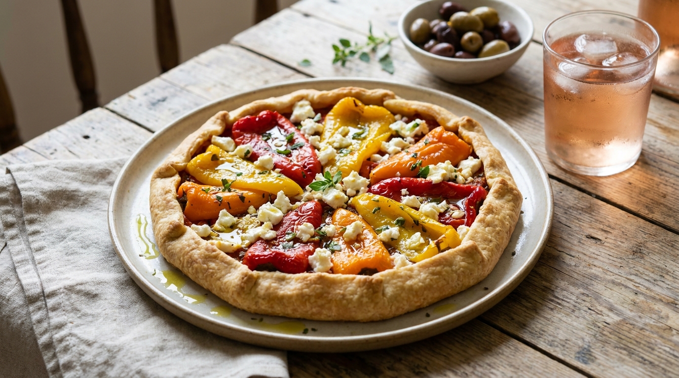 Cinq poivrons fondus dans la poêle, de la feta émiettée et un dernier geste avant d&rsquo;enfourner : cette tarte de juin se dévore sans laisser une miette