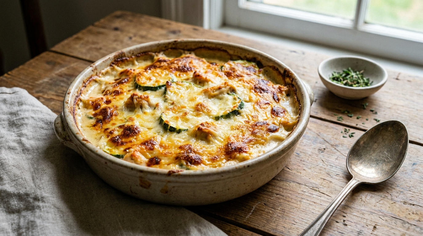 Enceinte et épuisée, j&rsquo;ai glissé ce gratin courgettes-poulet au four avant même que l&rsquo;eau de mon thé ait bouilli