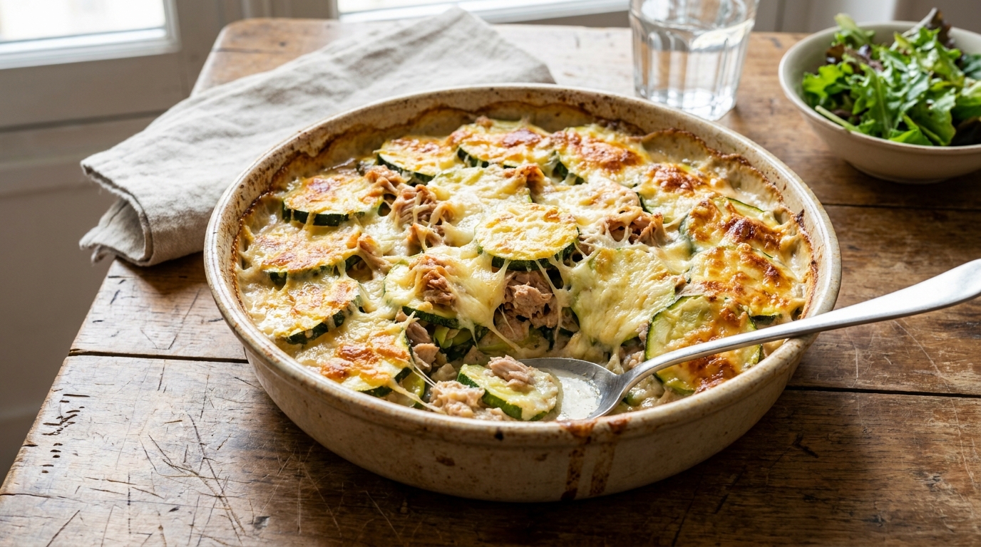 Fini les gratins compliqués qui prennent 1 heure : ce gratin courgettes-thon-fromage est prêt en 25 minutes et fait l’unanimité