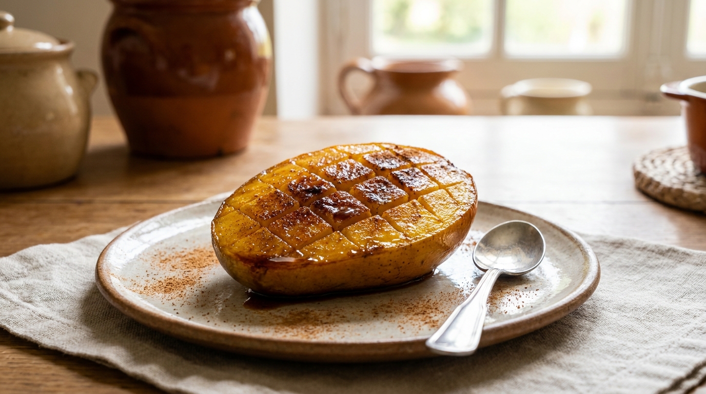 J&rsquo;ai strié ma mangue au couteau avant de la retourner dans la poêle chaude : le dessert tiède qui en est sorti a rendu le gâteau du dimanche complètement inutile