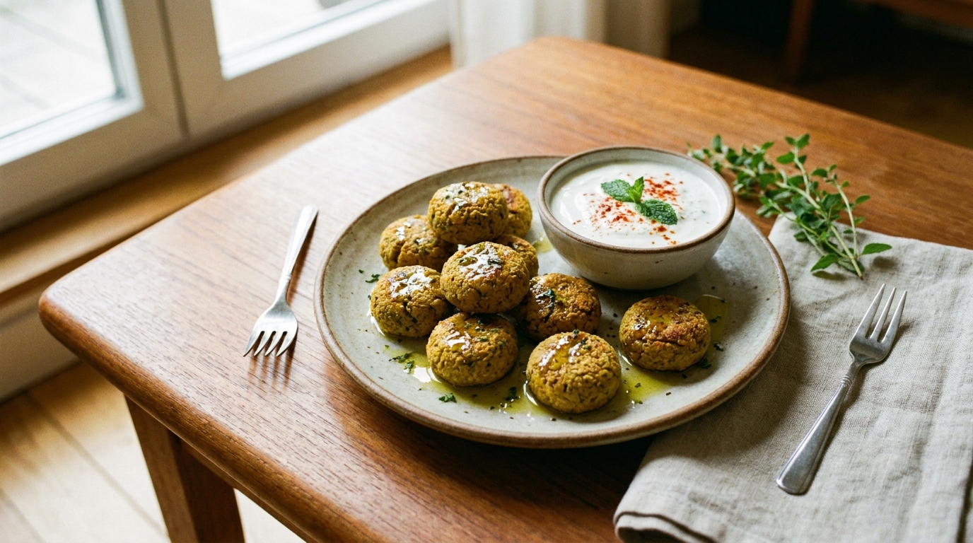 Mini falafels au four avec sauce blanche au yaourt, citron et herbes fraîches pour un apéritif léger et croustillant