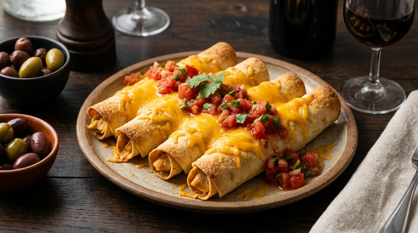 Taquitos croustillants au poulet et cheddar, à servir avec une salsa minute pour l’apéritif