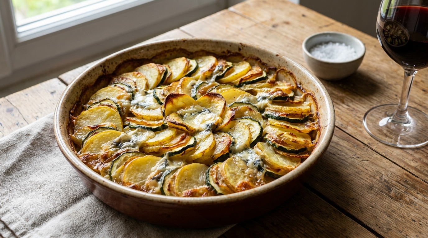 Tian crousti-fondant aux pommes de terre, courgettes, oignon et morbier : le plat familial facile au four