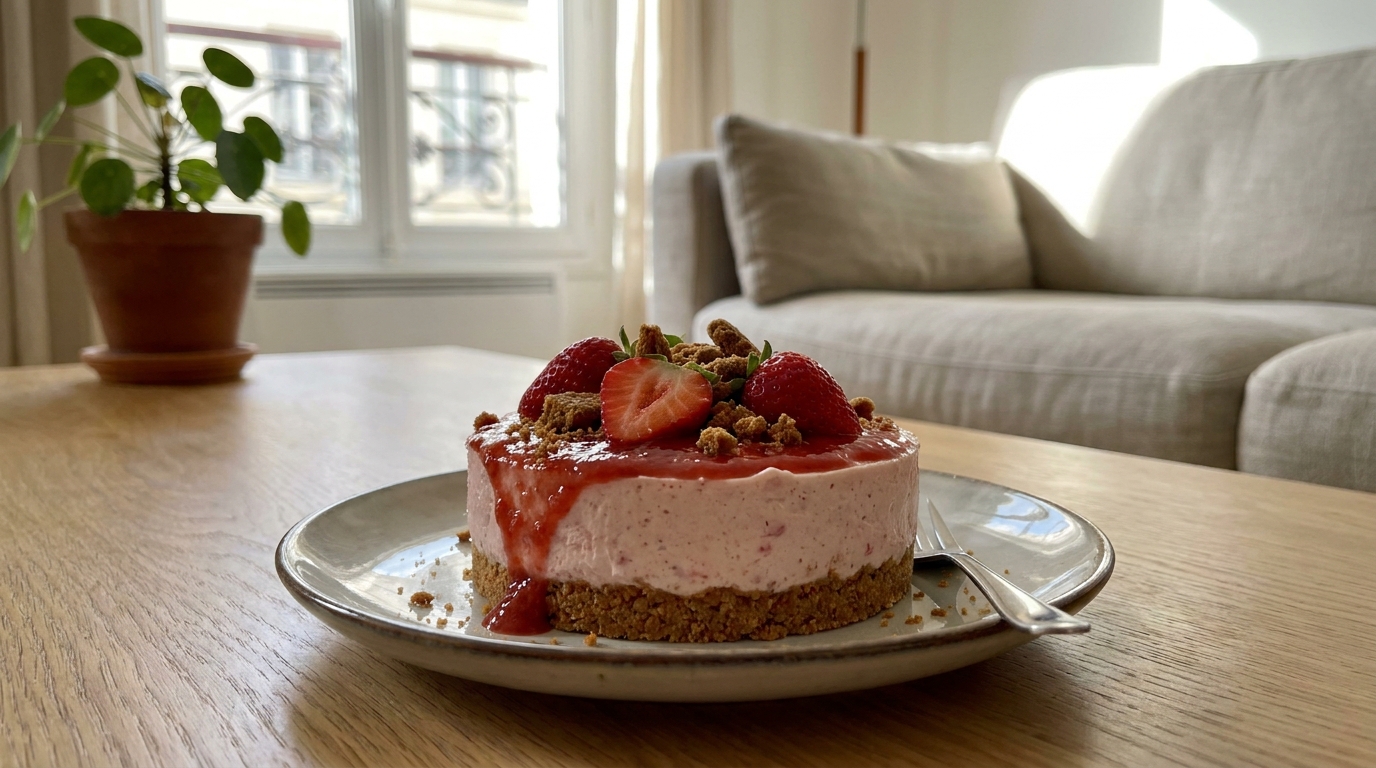 Enceinte et incapable de supporter la chaleur du four, j’ai trouvé ce cheesecake fraises-spéculoos qui ne demande qu’un frigo
