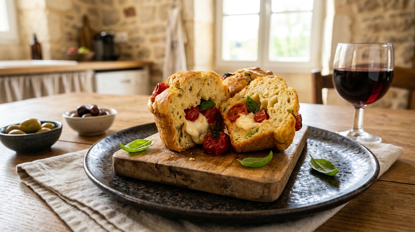 J’ai glissé un petit cube au centre de chaque muffin salé à la tomate : en les coupant à table, mes invités n’en sont pas revenus