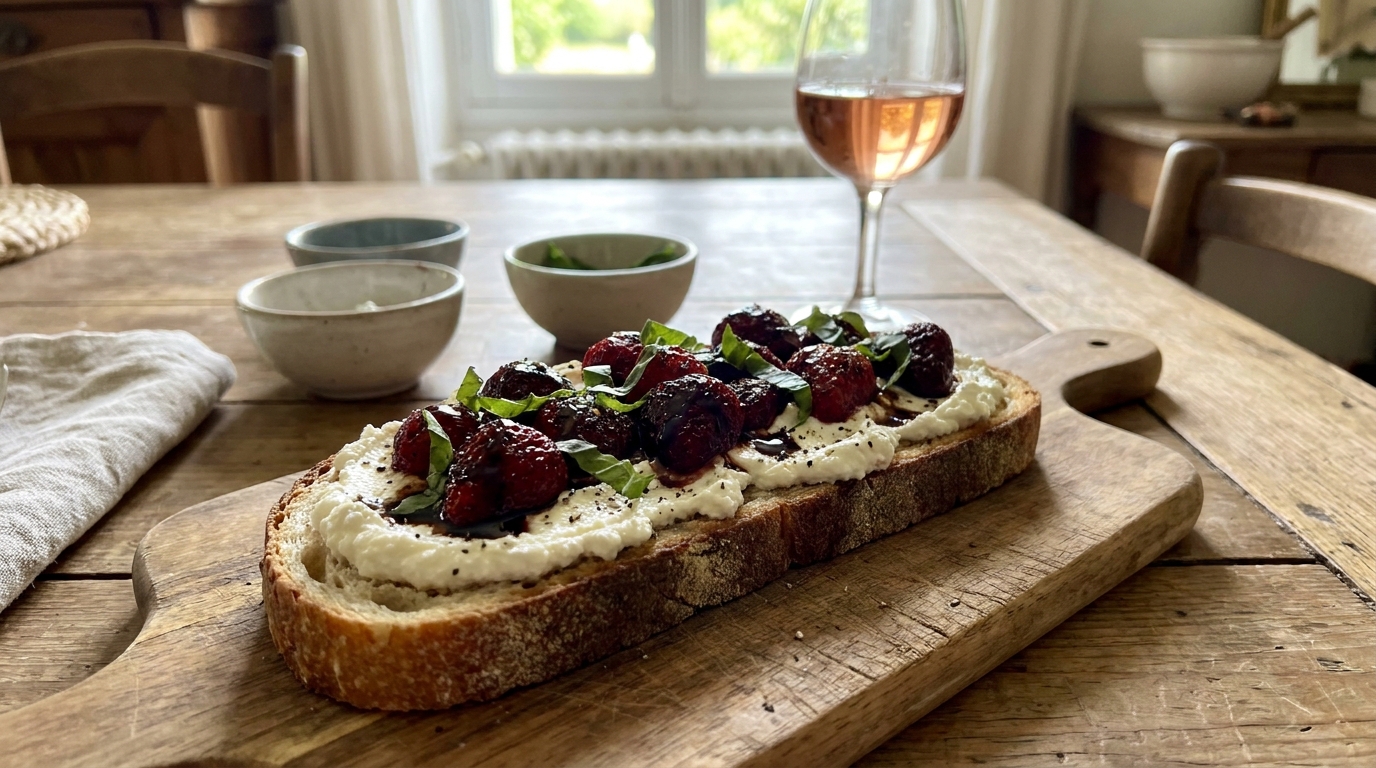 J’ai passé mes fraises au four avec un filet de vinaigre et du fromage frais sur du pain : l’épice que j’ai ajoutée à la fin a bluffé toute ma tablée de futures mamans