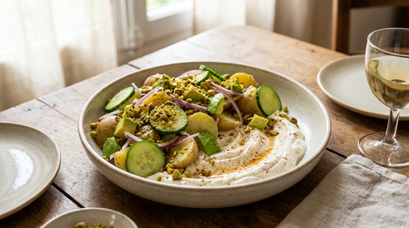 J&rsquo;ai versé du yaourt grec épicé au fond du plat avant de poser mes pommes de terre froides : personne n&rsquo;a touché à la mayonnaise