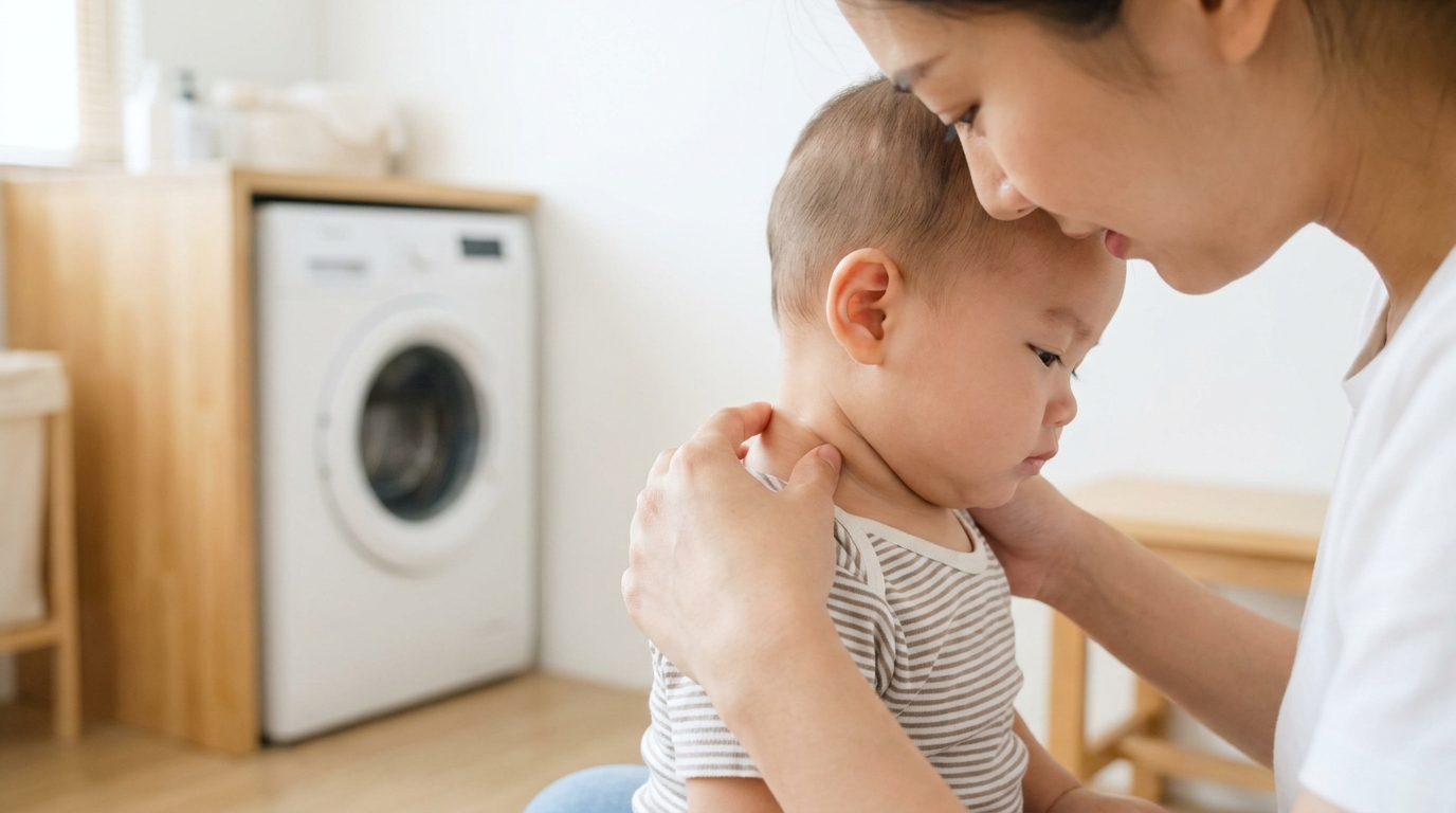 Mon bébé avait des plaques rouges dans les plis du cou : j&rsquo;ai changé de crème, de body, de couche, avant de regarder enfin du côté de la machine à laver