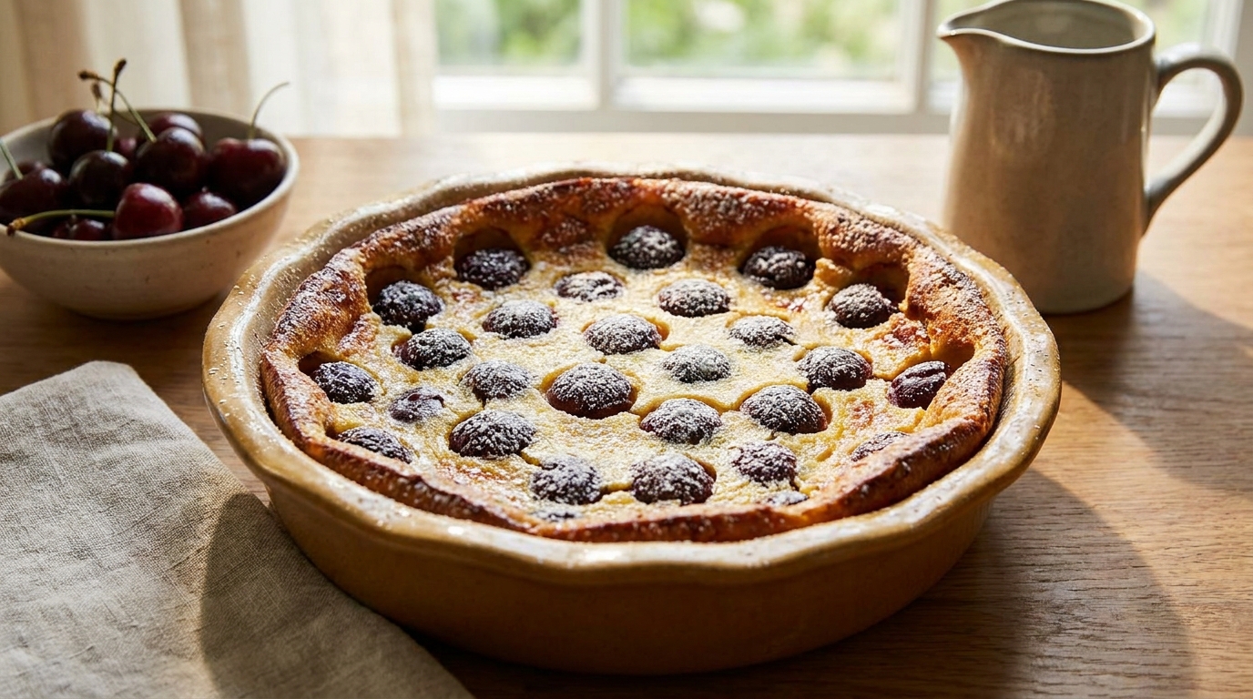 Pendant des années j’attendais que mon clafoutis soit bien doré pour le sortir : le soir où je l’ai retiré encore tremblant, plus personne n’a touché aux autres desserts