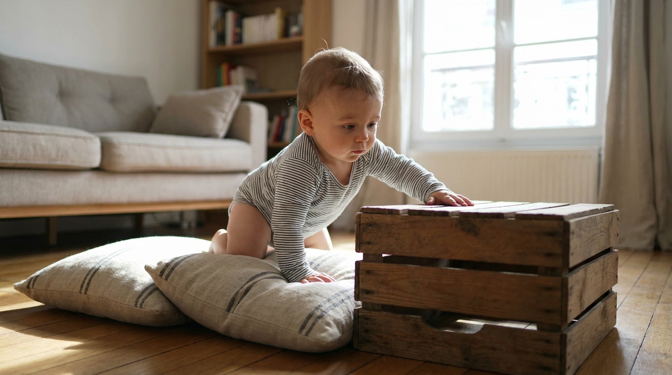 J&rsquo;ai posé trois coussins et une caisse au sol pour occuper mon bébé : le matin où il les a franchis seul, j&rsquo;ai compris ce que je freinais sans le savoir